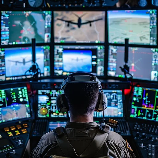 Military operator at drone control station with multiple tactical displays